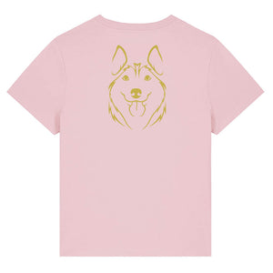 Gold outline illustration of the head of a Husky on the bank of a cotton pink ladies t-shirt