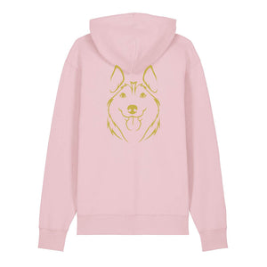 Gold outline illustration of the head of a Husky on the back of a cotton pink unisex Hoodie