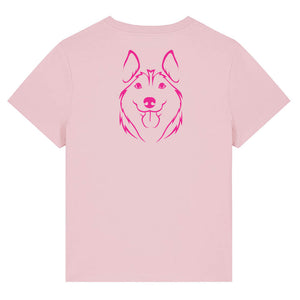 Magenta outline illustration of the head of a Husky on the back of a cotton pink ladies t-shirt
