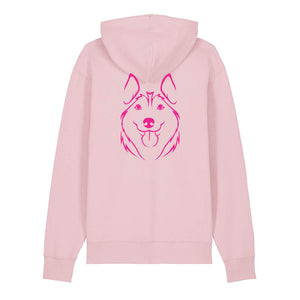 Magenta outline illustration of the head of a Husky on the back of a cotton pink unisex Hoodie