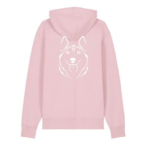 White outline illustration of the head of a Husky on the back of a cotton pink unisex Hoodie