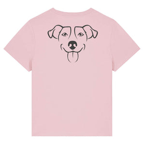 Black outline illustration of the head of a Jack Russell on the back of a cotton pink ladies t-shirt