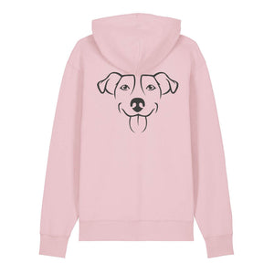 Black outline illustration of the head of a Jack Russell on the back of a cotton pink unisex Hoodie