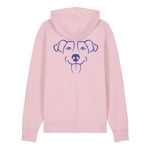 Blue outline illustration of the head of a Jack Russell on the back of a cotton pink unisex Hoodie