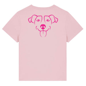 Magenta outline illustration of the head of a Jack Russell on the back of a cotton pink ladies t-shirt