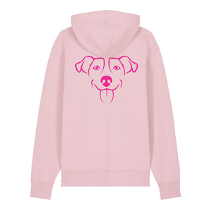 Magenta outline illustration of the head of a Jack Russell on the back of a cotton pink unisex Hoodie