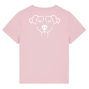 White outline illustration of the head of a Jack Russell on the back of a cotton pink ladies t-shirt