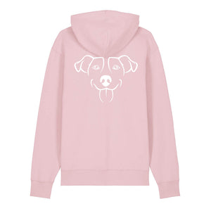 White outline illustration of the head of a Jack Russell on the back of a cotton pink unisex Hoodie