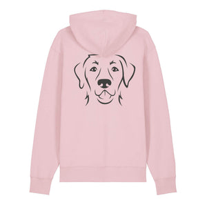Black outline illustration of the head of a Labrador Retriever on the back of a cotton pink unisex Hoodie