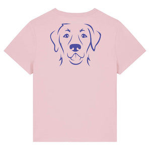 Blue outline illustration of the head of a Labrador Retriever on the back of a cotton pink ladies t-shirt
