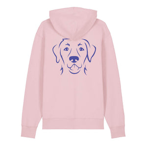 Blue outline illustration of the head of a Labrador Retriever on the back of a cotton pink unisex Hoodie