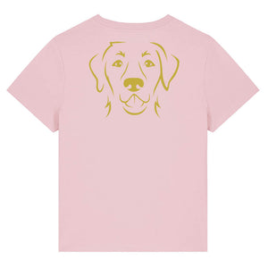 Gold outline illustration of the head of a Labrador Retriever on the back of a cotton pink ladies t-shirt