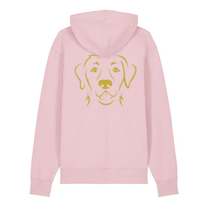 Gold outline illustration of the head of a Labrador Retriever on the back of a cotton pink unisex Hoodie