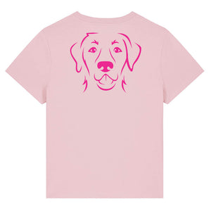 Magenta outline illustration of the head of a Labrador Retriever on the back of a cotton pink ladies t-shirt