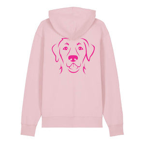 Magenta outline illustration of the head of a Labrador Retriever on the back of a cotton pink unisex Hoodie