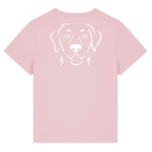 White outline illustration of the head of a Labrador Retriever on the back of a cotton pink ladies t-shirt