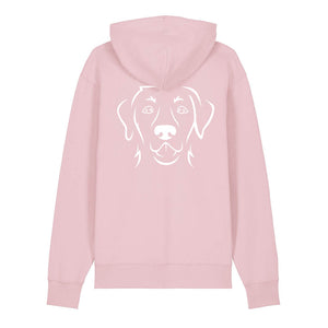 White outline illustration of the head of a Labrador Retriever on the back of a cotton pink unisex Hoodie