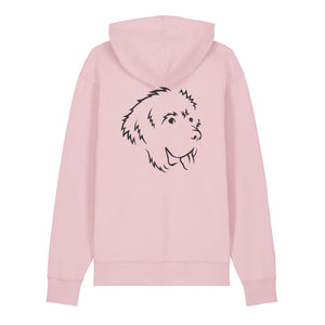 Black outline illustration of the head of a Newfoundland on the back of a cotton pink unisex Hoodie