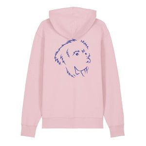 Blue outline illustration of the head of a Newfoundland on the back of a cotton pink unisex Hoodie
