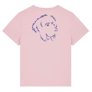Blue outline illustration of the head of a Newfoundland dog on the back of a cotton pink ladies t-shirt