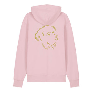 Gold outline illustration of the head of a Newfoundland on the back of a cotton pink unisex Hoodie