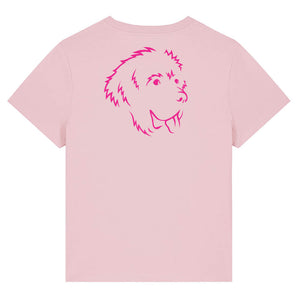 Magenta outline illustration of the head of a Newfoundland dog on the back of a cotton pink ladies t-shirt