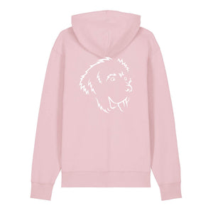 White outline illustration of the head of a Newfoundland on the back of a cotton pink unisex Hoodie