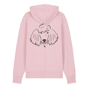 Black outline illustration of the head of a Poodle on the back of a cotton pink unisex Hoodie