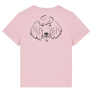 Black outline illustration of the head of a Poodle on the back of a cotton pink ladies t-shirt