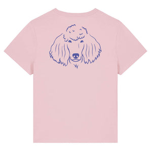 Blue outline illustration of the head of a Poodle on the back of a cotton pink ladies t-shirt