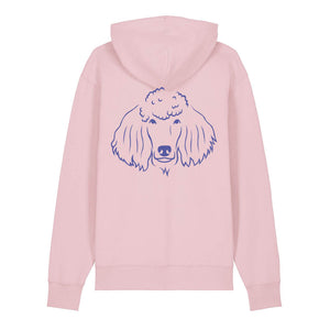Blue outline illustration of the head of a Poodle on the back of a cotton pink unisex Hoodie