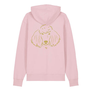 Gold outline illustration of the head of a Poodle on the back of a cotton pink unisex Hoodie