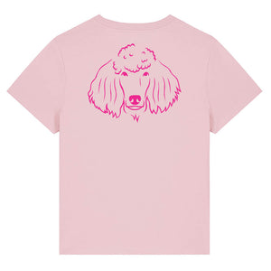 Magenta outline illustration of the head of a Poodle on the back of a cotton pink ladies t-shirt