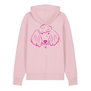 Magenta outline illustration of the head of a Poodle on the back of a cotton pink unisex Hoodie