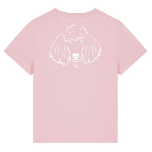 White outline illustration of the head of a Poodle on the back of a cotton pink ladies t-shirt