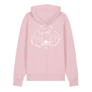 White outline illustration of the head of a Poodle on the back of a cotton pink unisex Hoodie