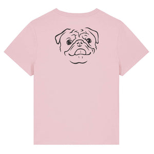Black outline illustration of the head of a Pug on the back of a cotton pink ladies t-shirt