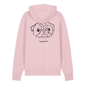 Black outline illustration of the head of a Pug on the back of a cotton pink unisex Hoodie