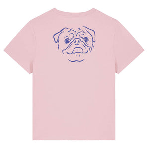 blue outline illustration of the head of a Pug on the back of a cotton pink ladies t-shirt