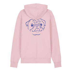 Blue outline illustration of the head of a Pug on the back of a cotton pink unisex Hoodie