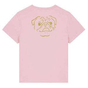 Gold outline illustration of the head of a Pug on the back of a cotton pink ladies t-shirt