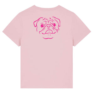 Magenta outline illustration of the head of a Pug on the back of a cotton pink ladies t-shirt