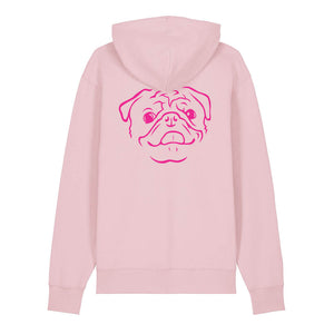Magenta outline illustration of the head of a Pug on the back of a cotton pink unisex Hoodie