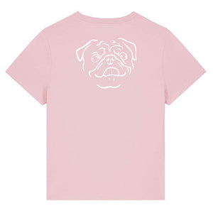 White outline illustration of the head of a Pug on the back of a cotton pink ladies t-shirt