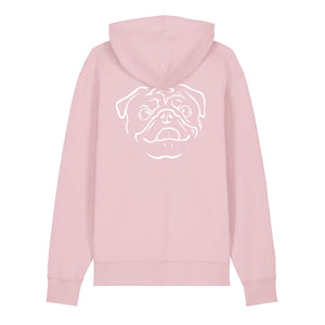 White outline illustration of the head of a Pug on the back of a cotton pink unisex Hoodie