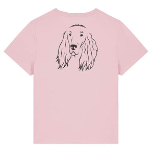 Black outline illustration of the head of an Irish Red Setter on the back of a cotton pink ladies t-shirt