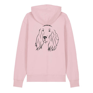 Black outline illustration of the head of an Irish Red Setter on the back of a cotton pink unisex Hoodie