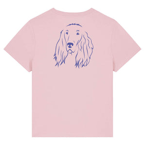 Blue outline illustration of the head of an Irish Red Setter on the back of a cotton pink ladies t-shirt