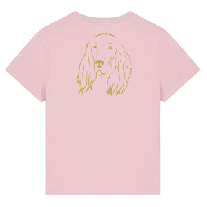 Gold outline illustration of the head of an Irish Red Setter on the gold of a cotton pink ladies t-shirt