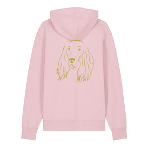 Gold outline illustration of the head of an Irish Red Setter on the back of a cotton pink unisex Hoodie